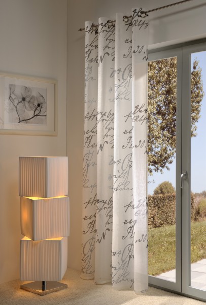 Gardine, Ösenschal, 140cm x 245 cm weiß , Script , halbtransparent, elegant weich fließende hochwert